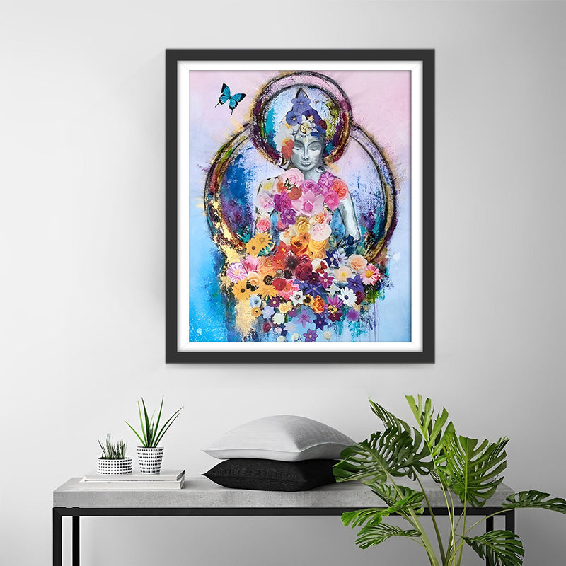 Statue de Bouddha entouree de Fleurs Broderie Diamant