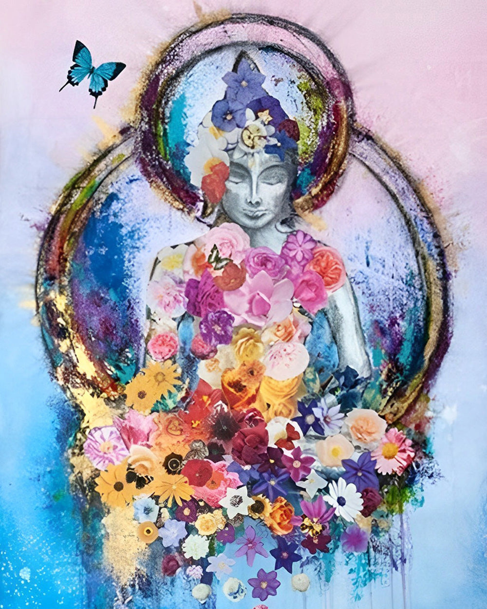 Statue de Bouddha entouree de Fleurs Broderie Diamant