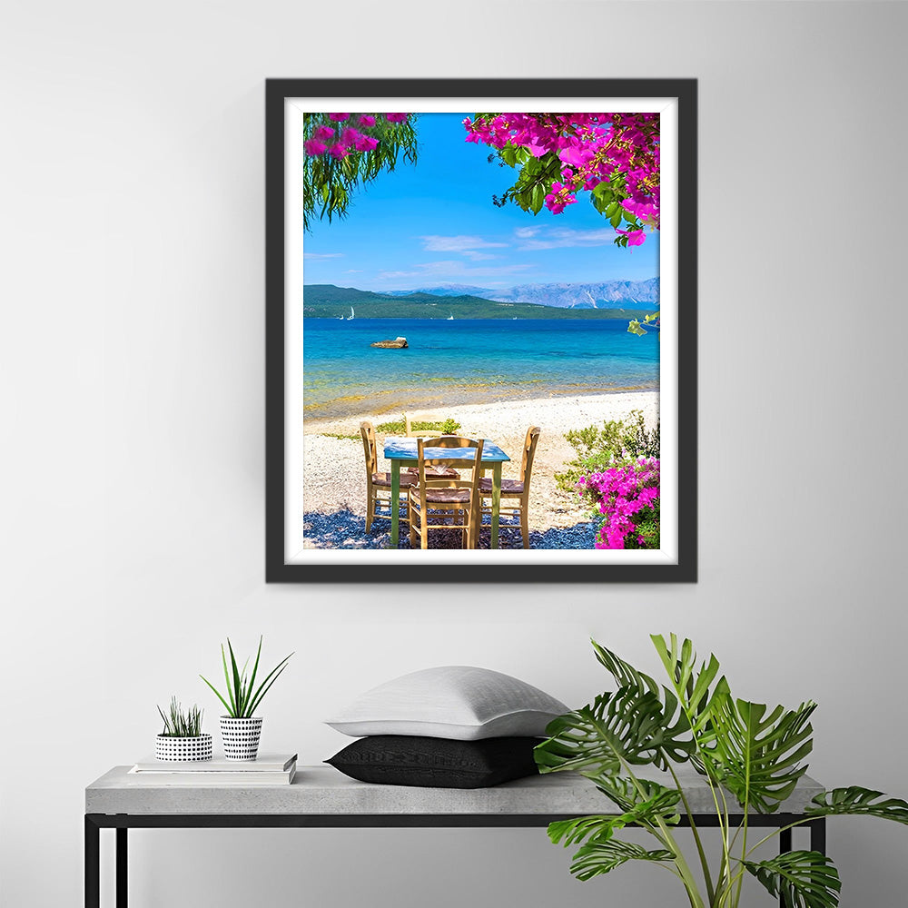 Table et Chaises en Bois au Bord de la Mer Broderie Diamant