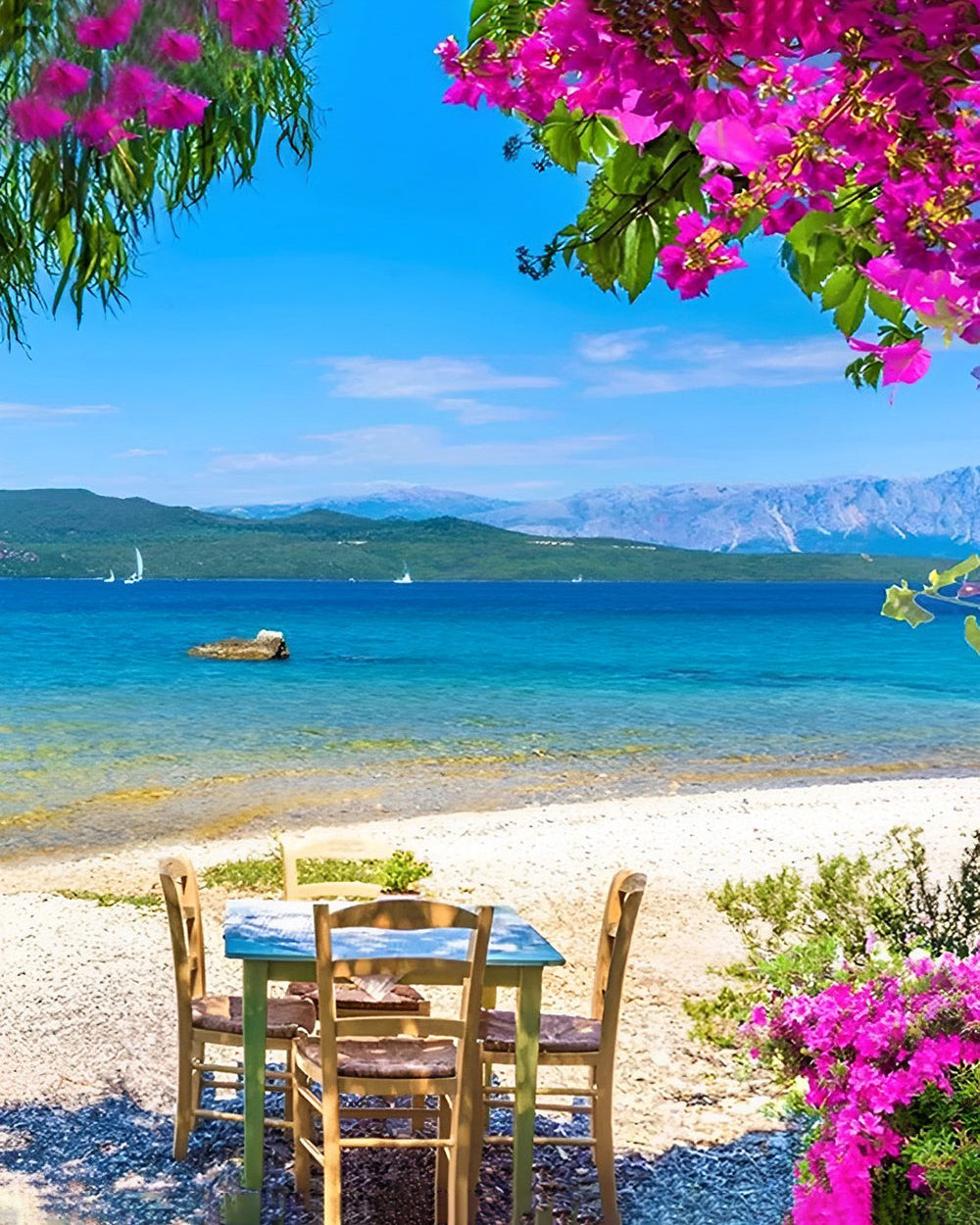 Table et Chaises en Bois au Bord de la Mer Broderie Diamant