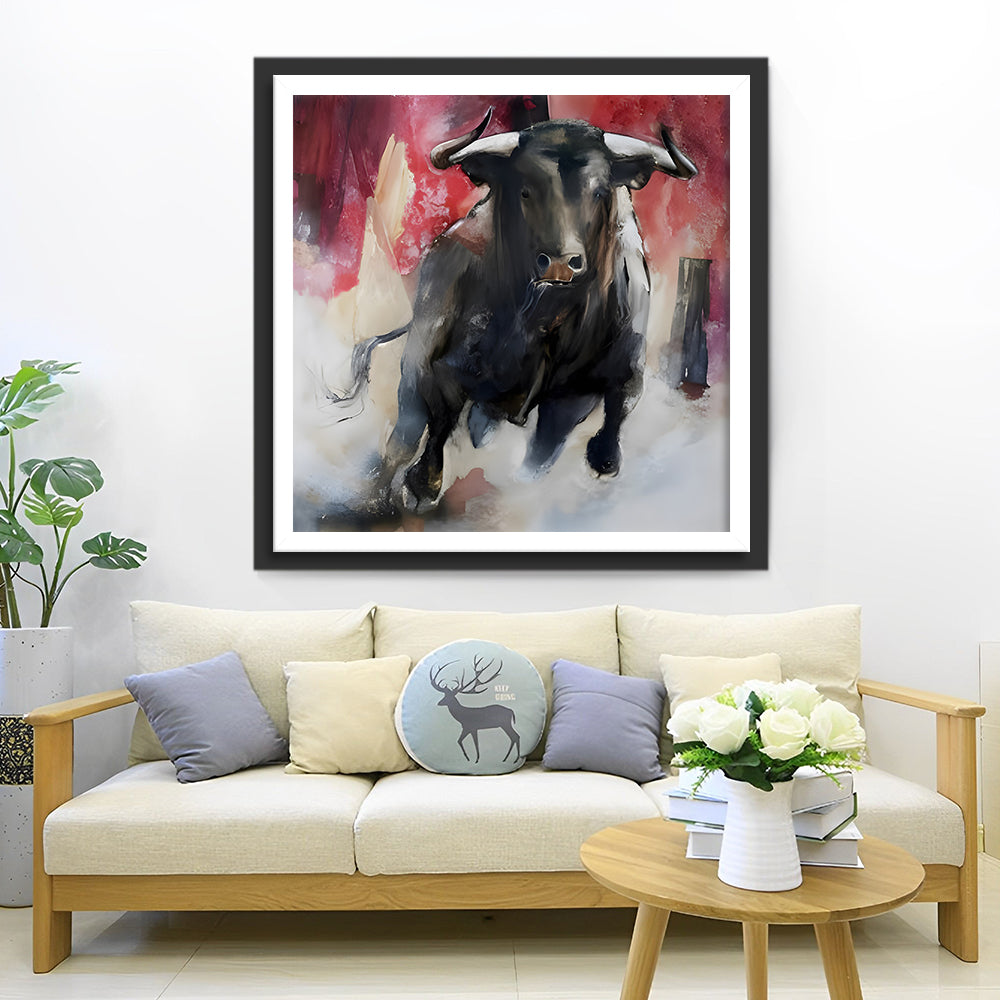 Taureau Noir en Course Broderie Diamant