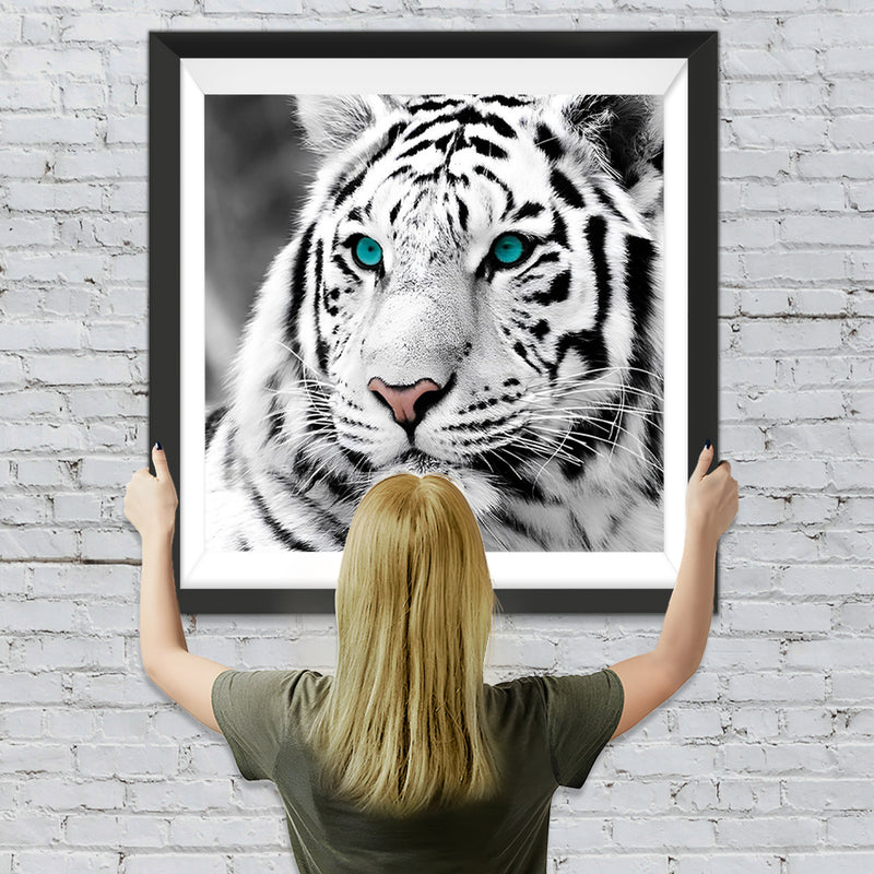 Tigre Blanc aux Yeux Bleus-Verts Broderie Diamant