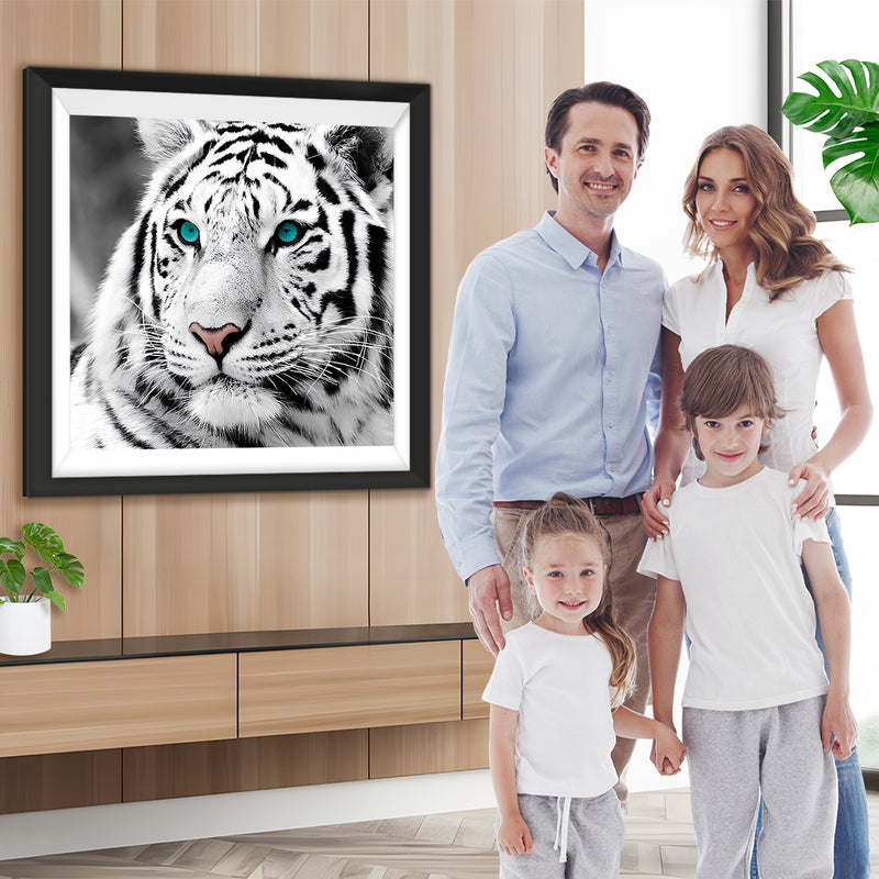 Tigre Blanc aux Yeux Bleus-Verts Broderie Diamant