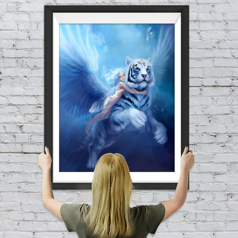 Tigre Blanc avec des Ailes et Fée Broderie Diamant