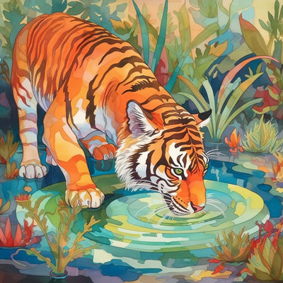Tigre Buvant dans la Forêt Broderie Diamant