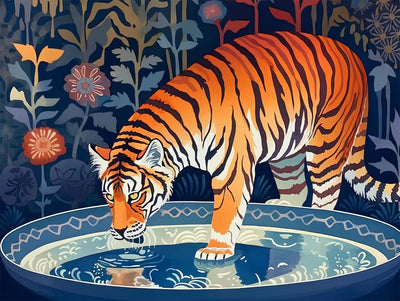 Tigre Buvant de l'Eau Broderie Diamant