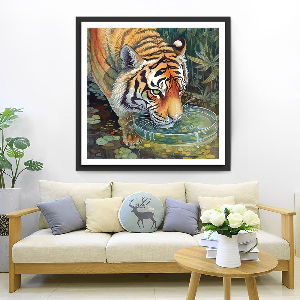 Tigre Buvant de l’Eau Broderie Diamant