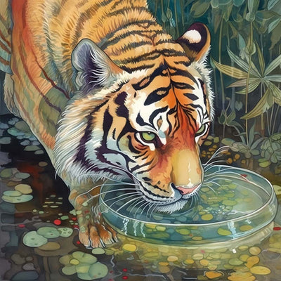 Tigre Buvant de l’Eau Broderie Diamant