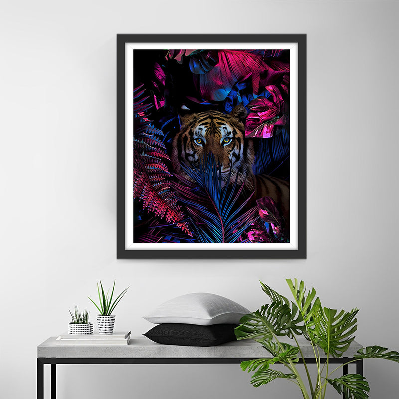 Tigre Caché dans les Feuilles Rouges Broderie Diamant