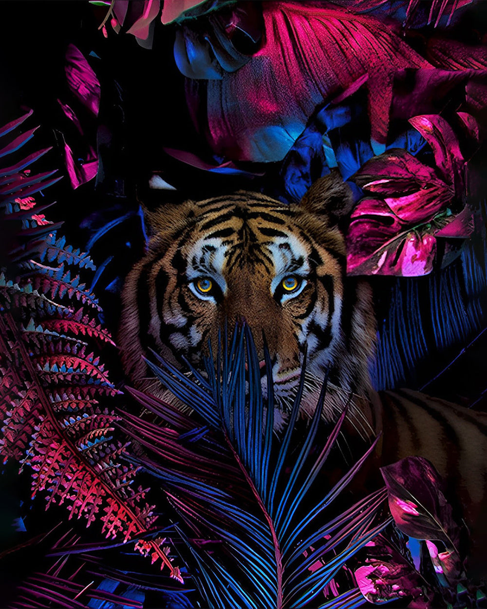 Tigre Caché dans les Feuilles Rouges Broderie Diamant