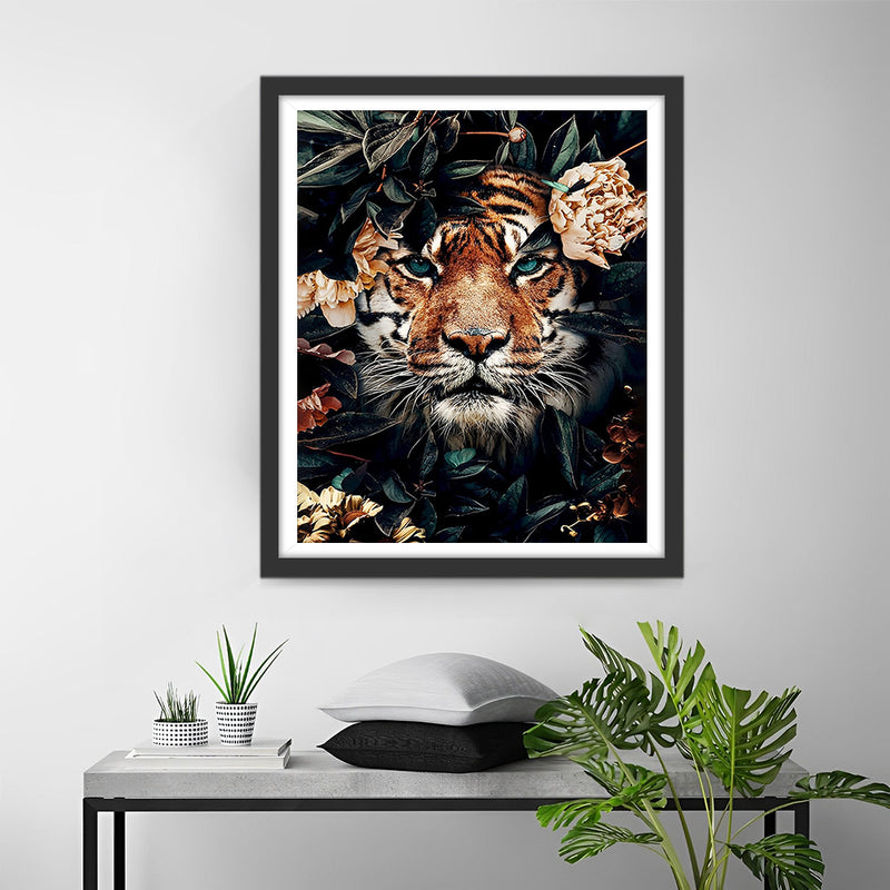 Tigre Caché dans les Fleurs Broderie Diamant