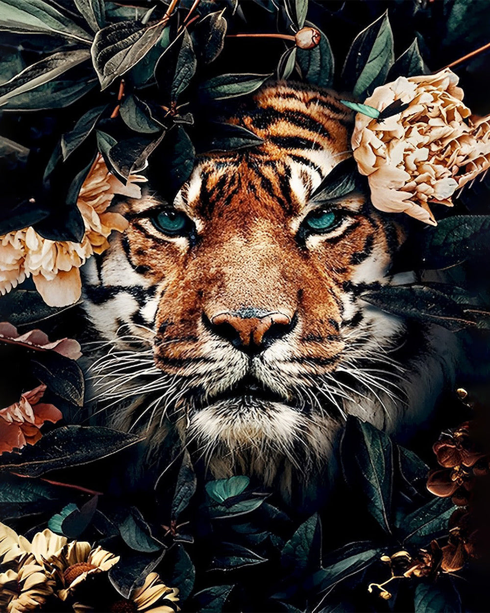 Tigre Caché dans les Fleurs Broderie Diamant