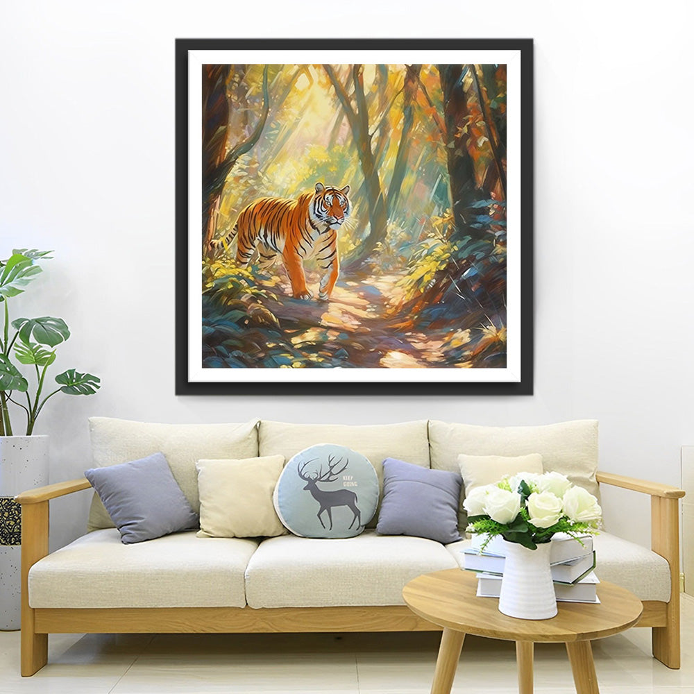 Tigre dans la Forêt sous le Soleil Broderie Diamant