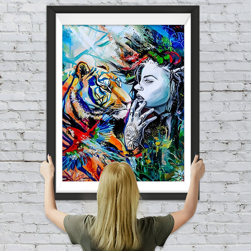 Tigre et Femme Colorés Broderie Diamant