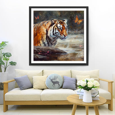 Tigre et Papillon dans l’Eau Broderie Diamant