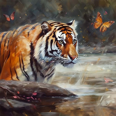 Tigre et Papillon dans l’Eau Broderie Diamant
