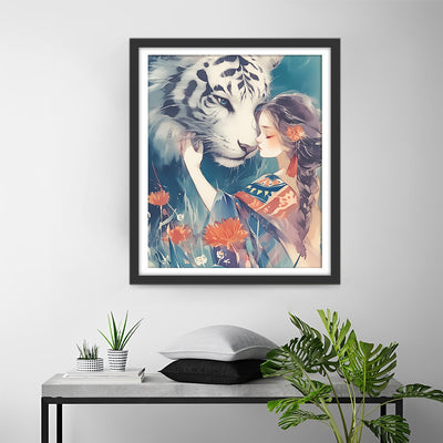 Tigre Geant et Belle Fille Broderie Diamant