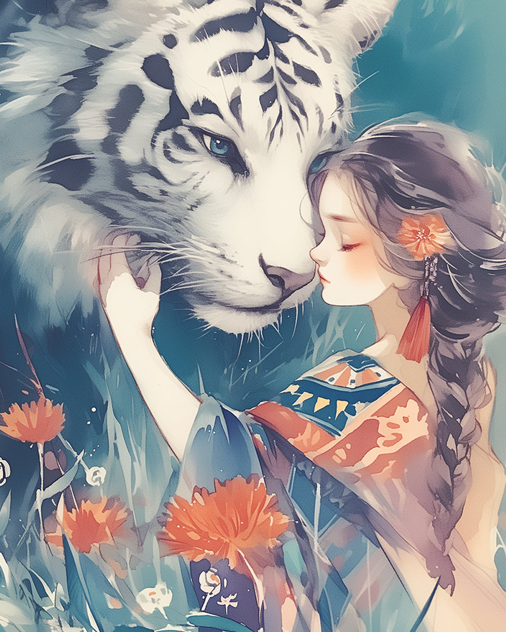 Tigre Geant et Belle Fille Broderie Diamant