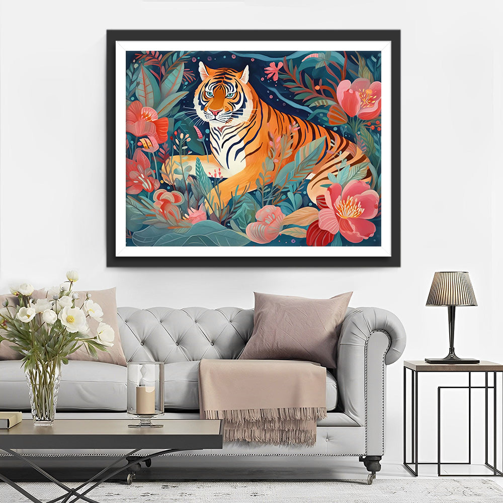 Tigre parmi des Fleurs Roses Broderie Diamant