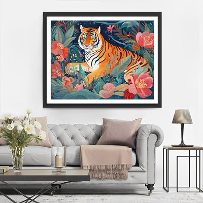 Tigre parmi des Fleurs Roses Broderie Diamant