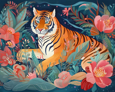 Tigre parmi des Fleurs Roses Broderie Diamant