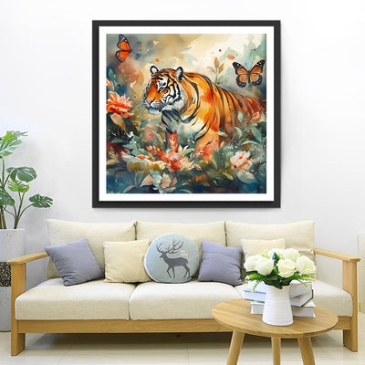 Tigre Poursuivant des Papillons Broderie Diamant