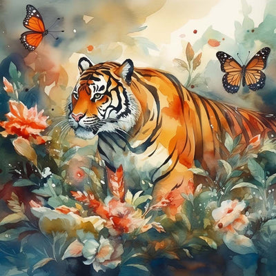 Tigre Poursuivant des Papillons Broderie Diamant