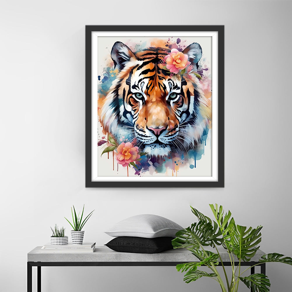 Tigre Style Aquarelle et Fleurs Roses Broderie Diamant