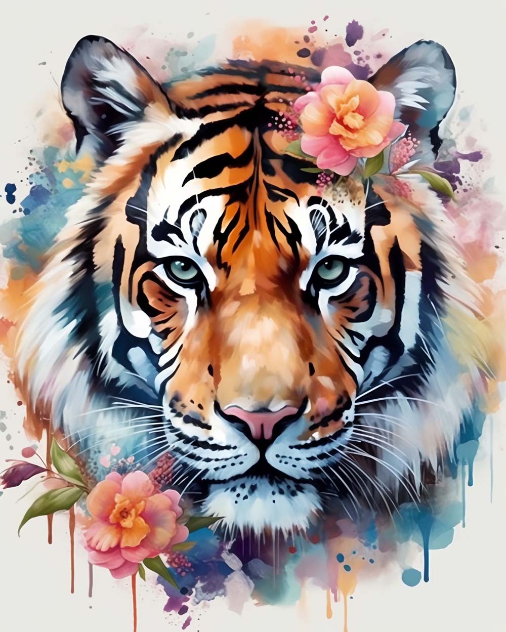 Tigre Style Aquarelle et Fleurs Roses Broderie Diamant