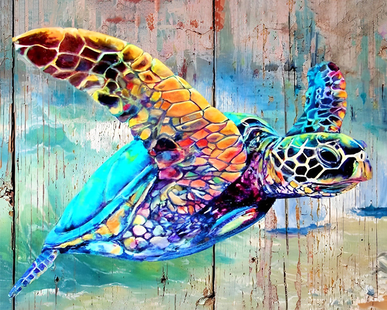 Tortue et Planche en Bois Broderie Diamant