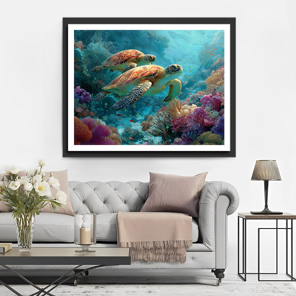 Tortues Marines Nageant parmi les Coraux Broderie Diamant