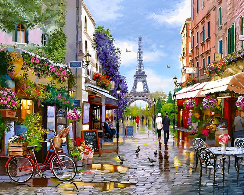 Tour Eiffel dans une Rue Parisienne Broderie Diamant