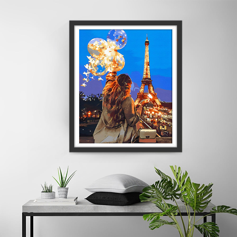 Tour Eiffel et Femme avec des Ballons Broderie Diamant