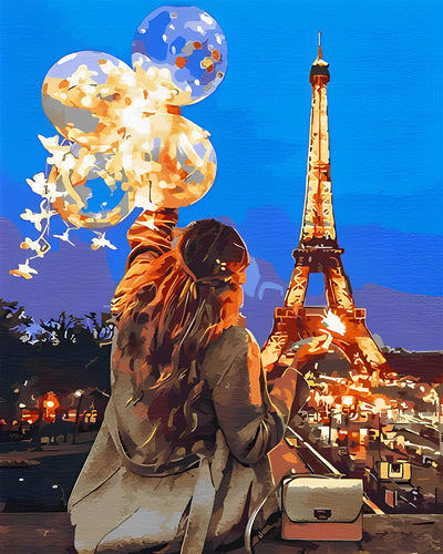 Tour Eiffel et Femme avec des Ballons Broderie Diamant