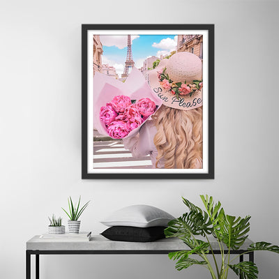 Tour Eiffel et Femme Tenant des Fleurs Broderie Diamant