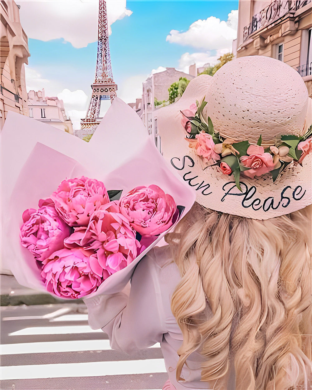 Tour Eiffel et Femme Tenant des Fleurs Broderie Diamant