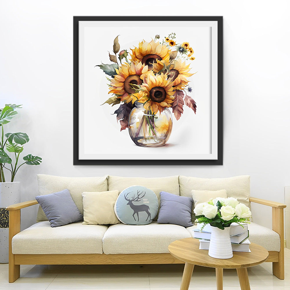 Tournesols dans un Vase en Verre Broderie Diamant