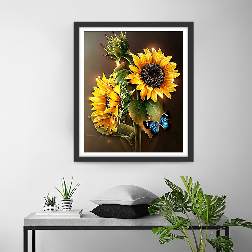 Tournesols et Papillon Bleu Broderie Diamant