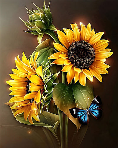 Tournesols et Papillon Bleu Broderie Diamant