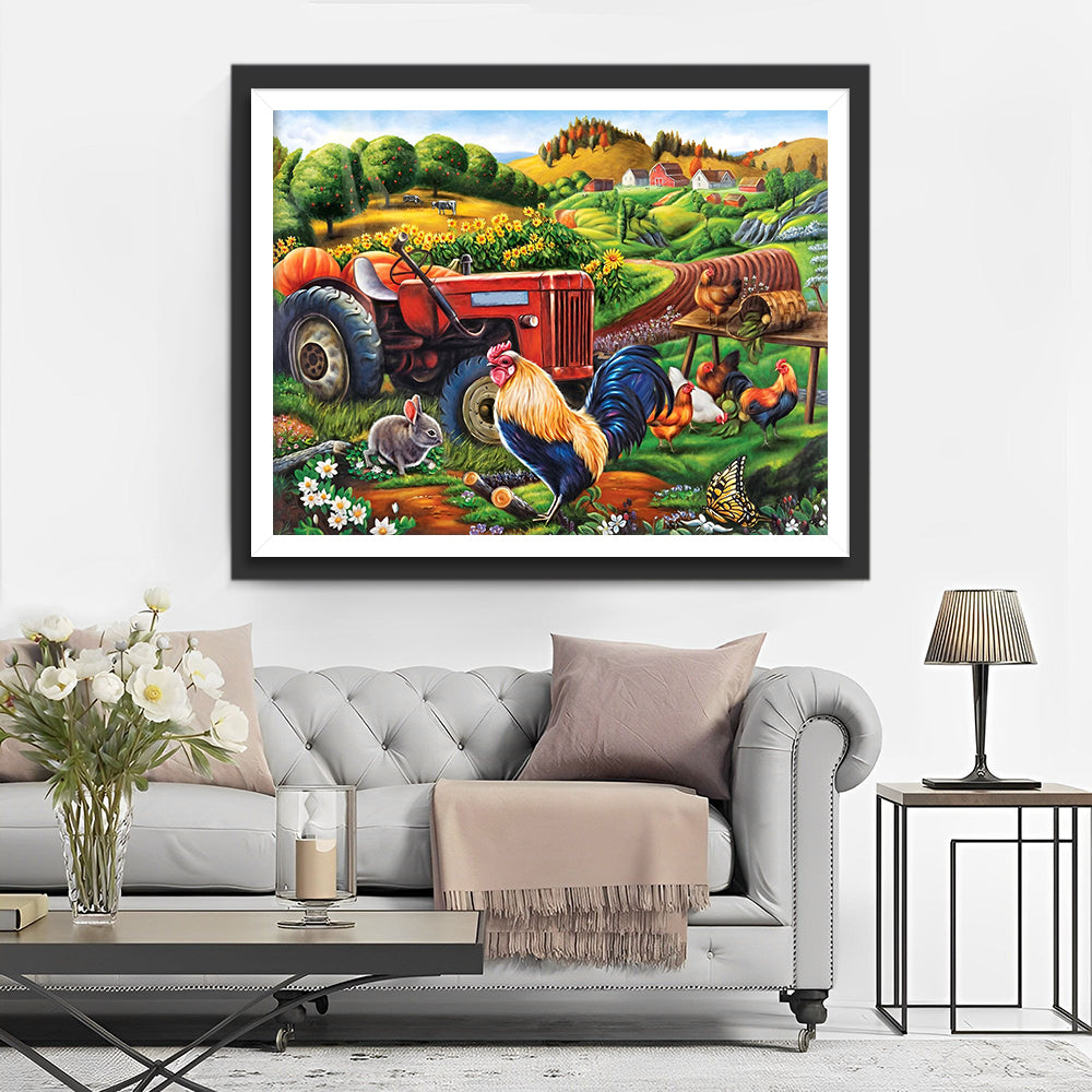 Tracteur de Ferme et Coq Broderie Diamant