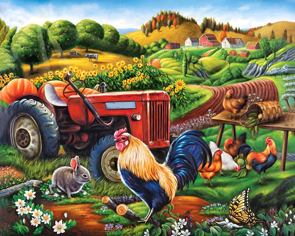 Tracteur de Ferme et Coq Broderie Diamant