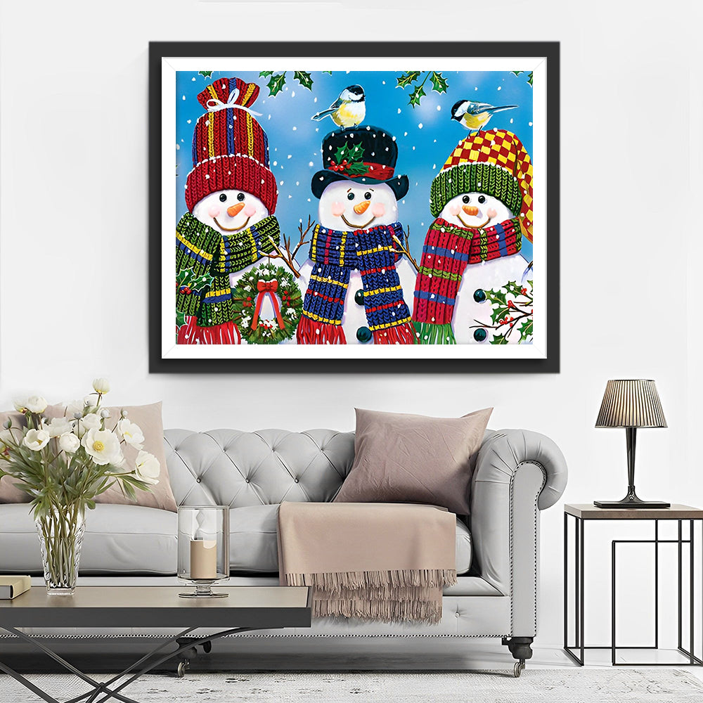 Trois Bonshommes de Neige avec echarpes et Chapeaux Broderie Diamant