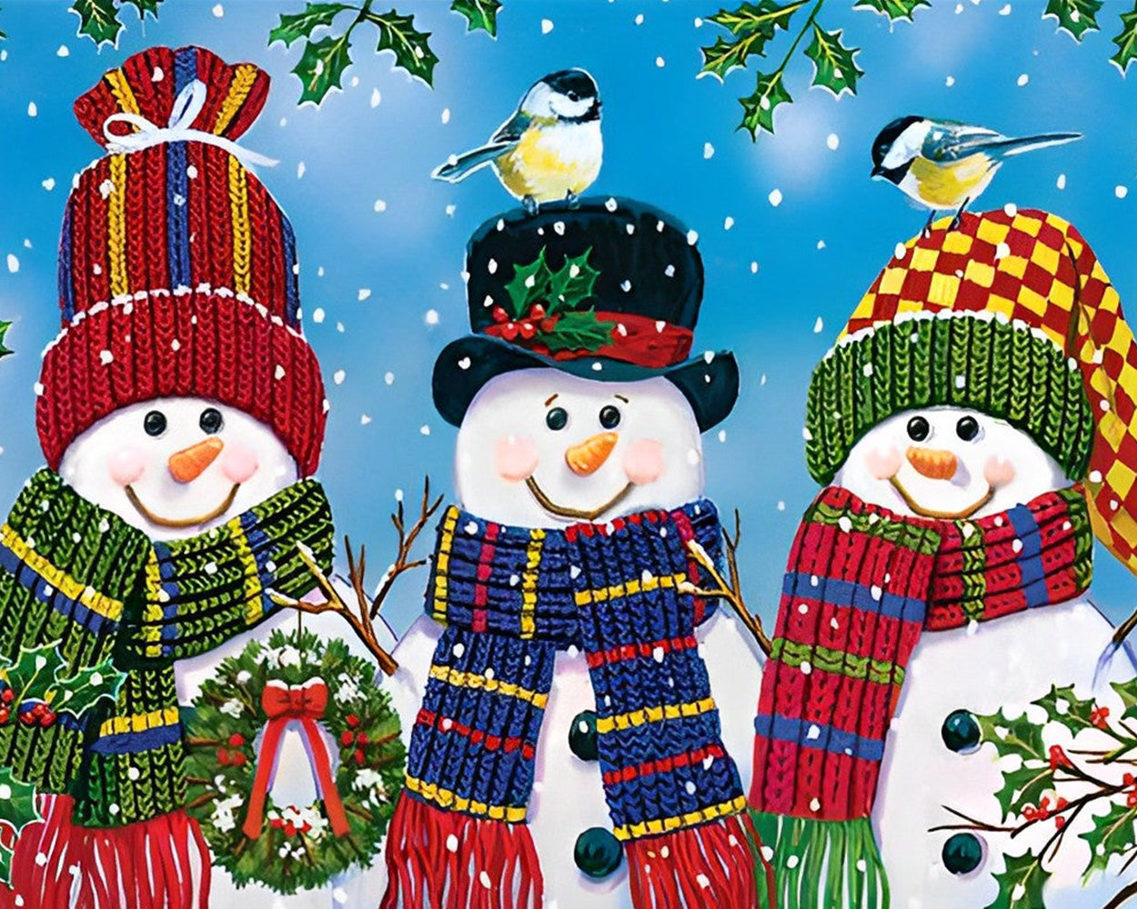 Trois Bonshommes de Neige avec echarpes et Chapeaux Broderie Diamant