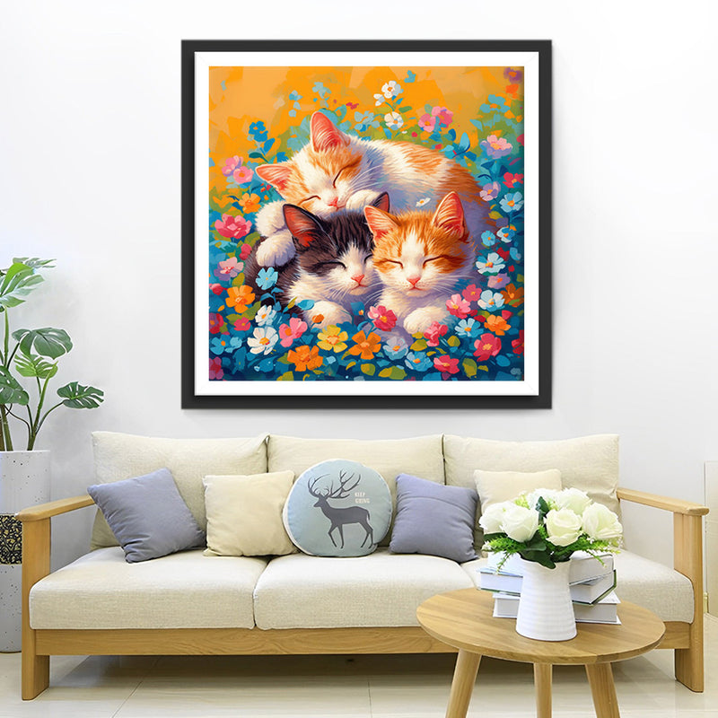 Trois Chats Entoures de Fleurs Broderie Diamant