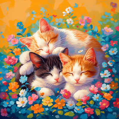 Trois Chats Entoures de Fleurs Broderie Diamant