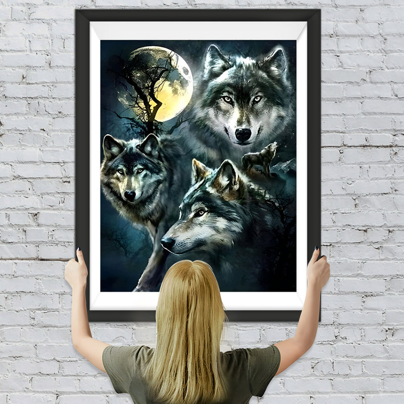 Trois Loup Noirs et la Lune Jaune Broderie Diamant