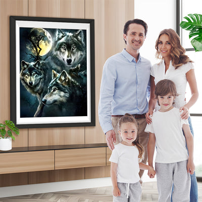 Trois Loup Noirs et la Lune Jaune Broderie Diamant