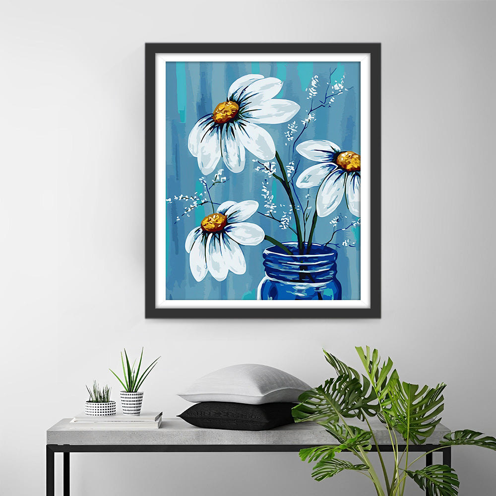 Trois Marguerites dans une Bouteille Bleue Broderie Diamant
