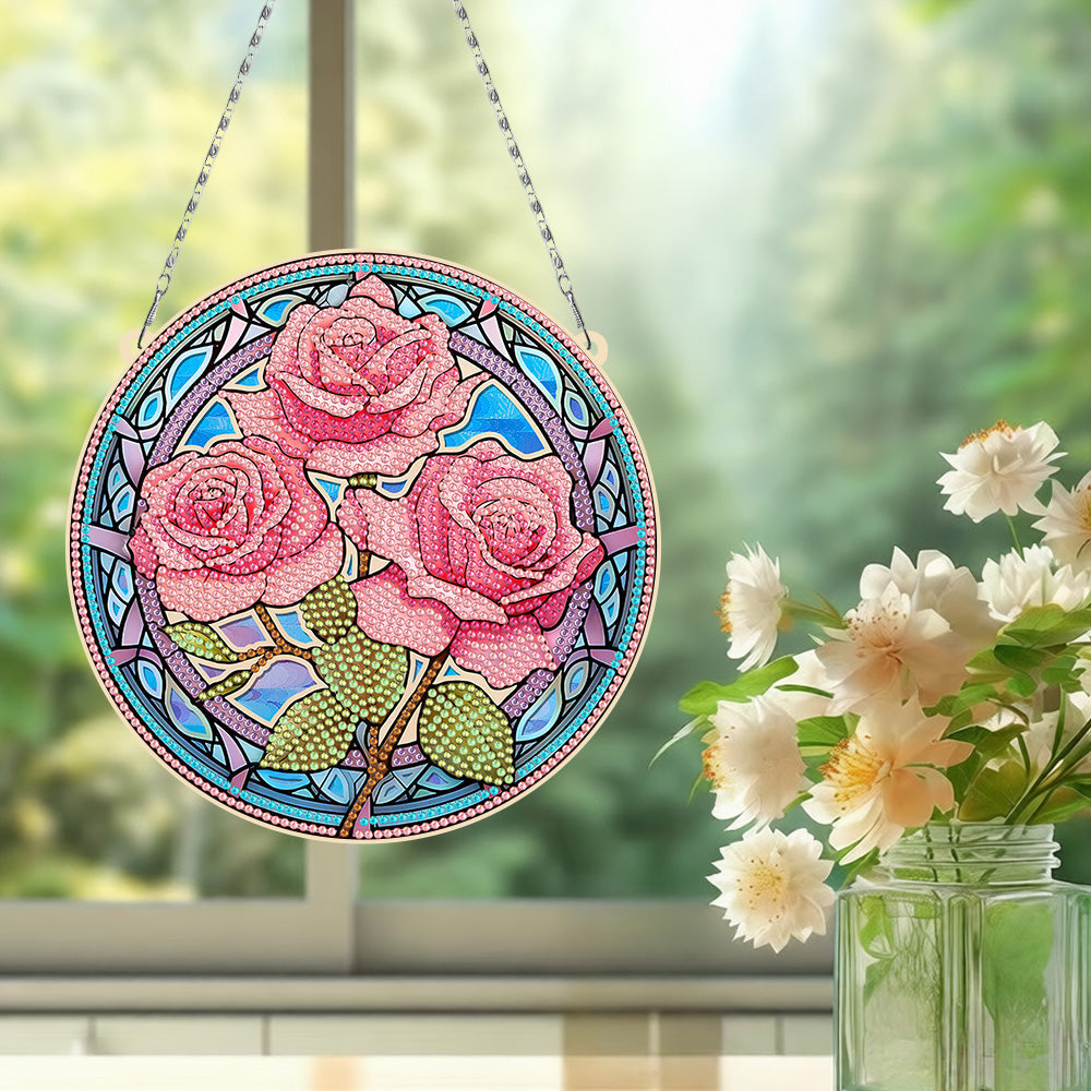 Trois Roses Roses en Acrylique Pendentif Broderie Diamant