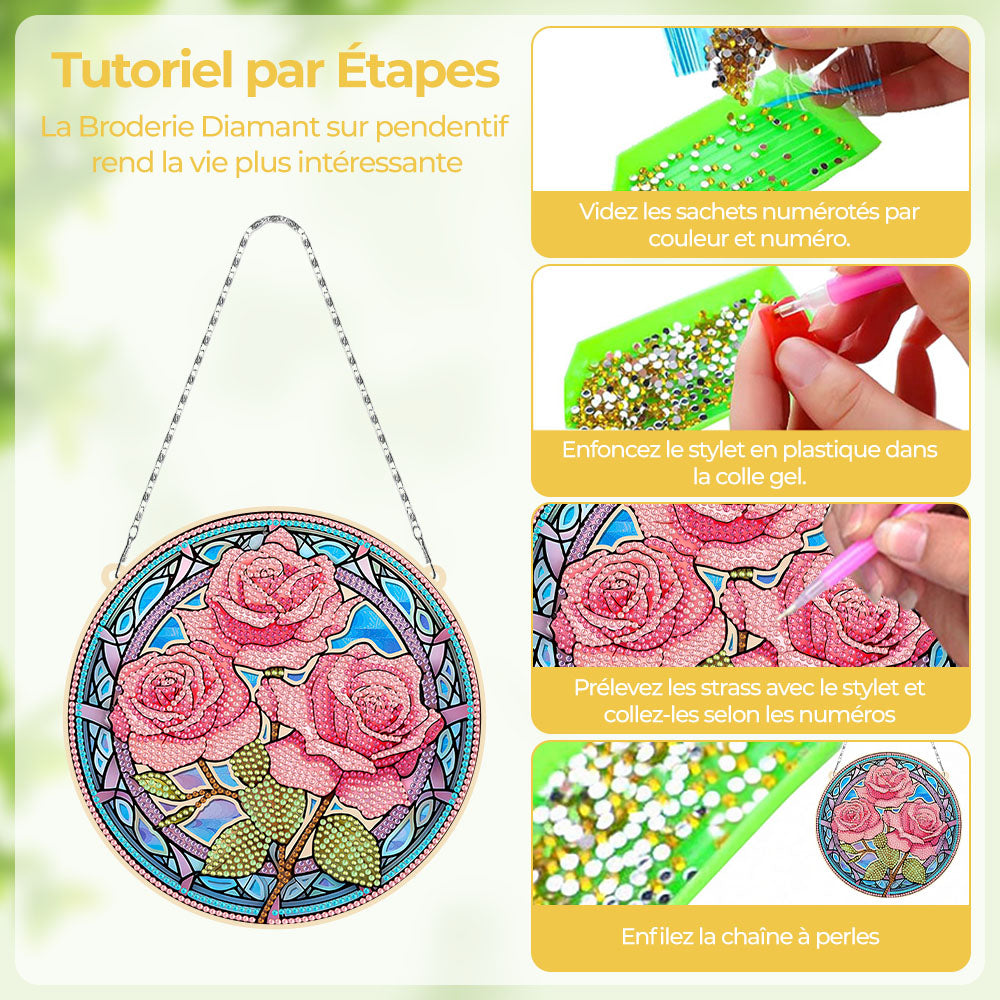 Trois Roses Roses en Acrylique Pendentif Broderie Diamant
